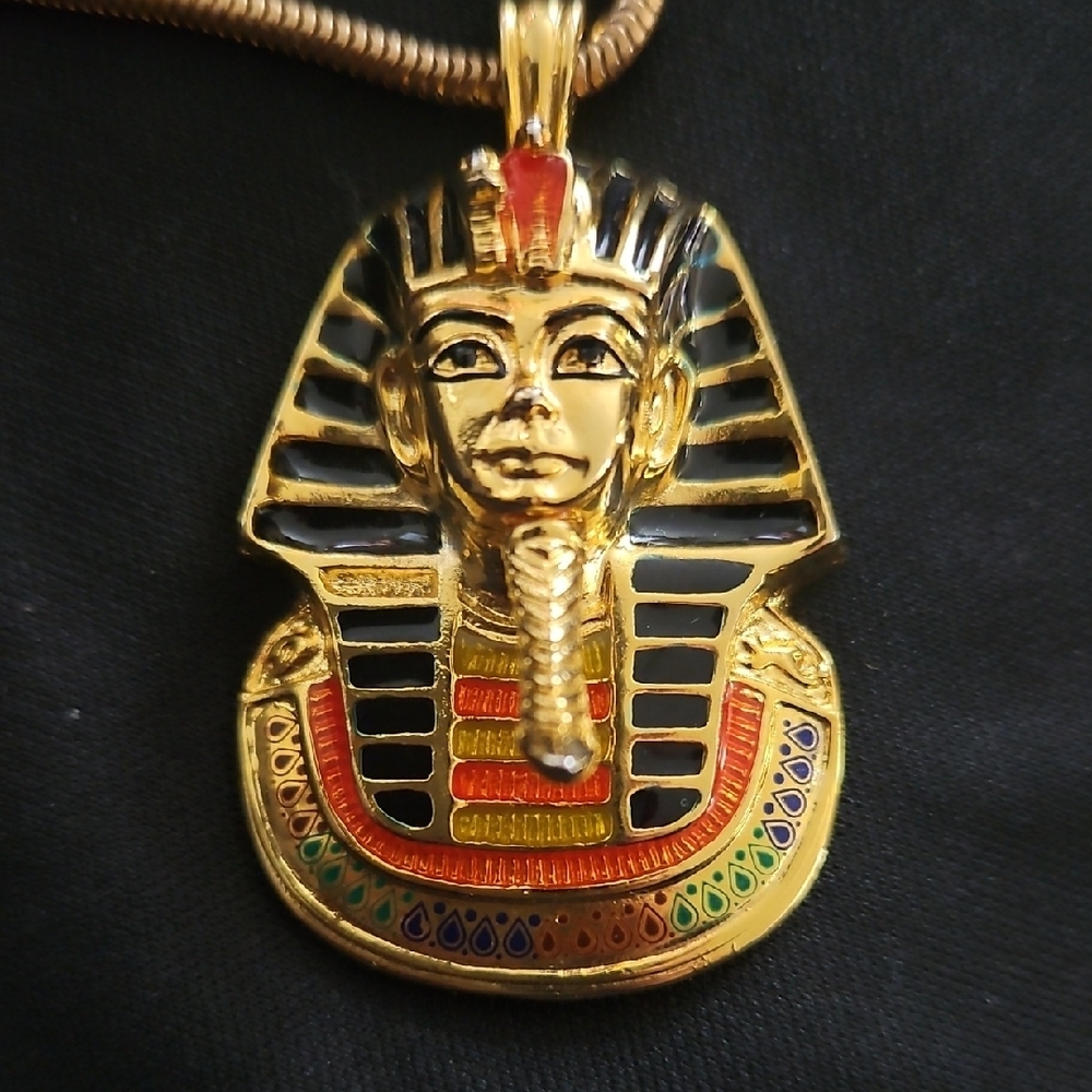 Gold Egyptian Pharaoh Pendant Necklace - Multicolor Enamel - Picture 4 of 4